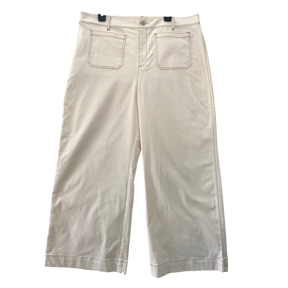 LOFT The Palmer Wide Leg Pants Womens 16P Cream Contrast Stitch Patch Pockets
